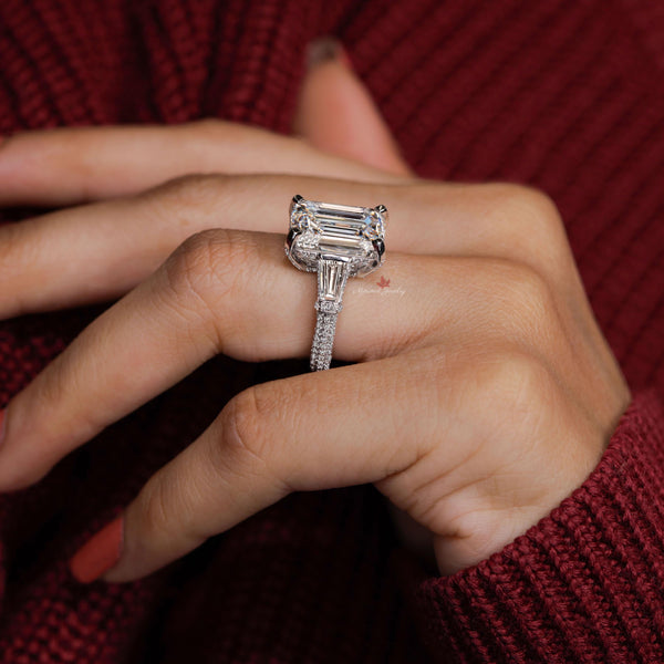 8CT Emerald cut moissanite engagement ring Three stone emerald cut engagement wedding ring hidden halo anniversary gift large diamond ring