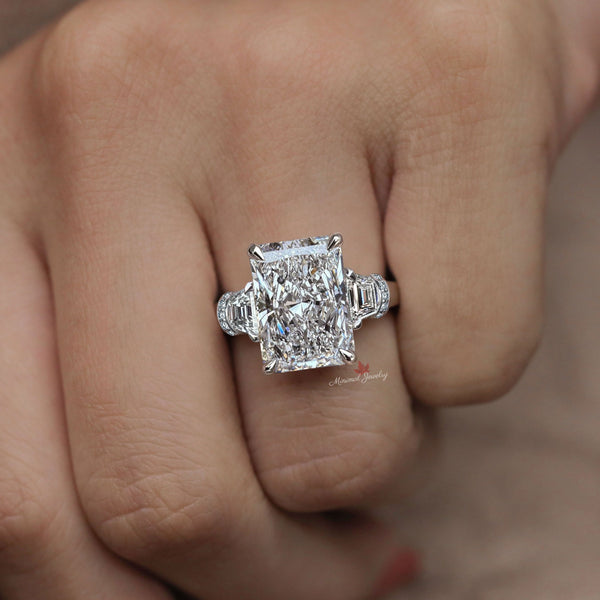 10 Carat Radiant moissanite engagement ring big Three stone ring hidden halo Radiant cut ring large moissanite diamond cocktail wedding ring