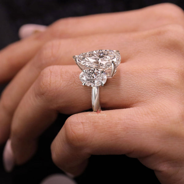 Pear Lab Grown Diamond Engagement Ring Three stone Wedding ring 4CT pear shaped CVD lab created diamond Teardrop annivesary ring 14k gold