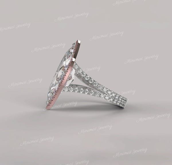 6CT Marquise Moissanite Engagement Ring: Split Shank Halo, Two Tone