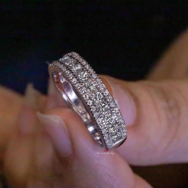 Round Moissanite Mens Ring unique mens wedding band white gold wide band mens engagement ring wedding ring 1st anniversary gift for husband