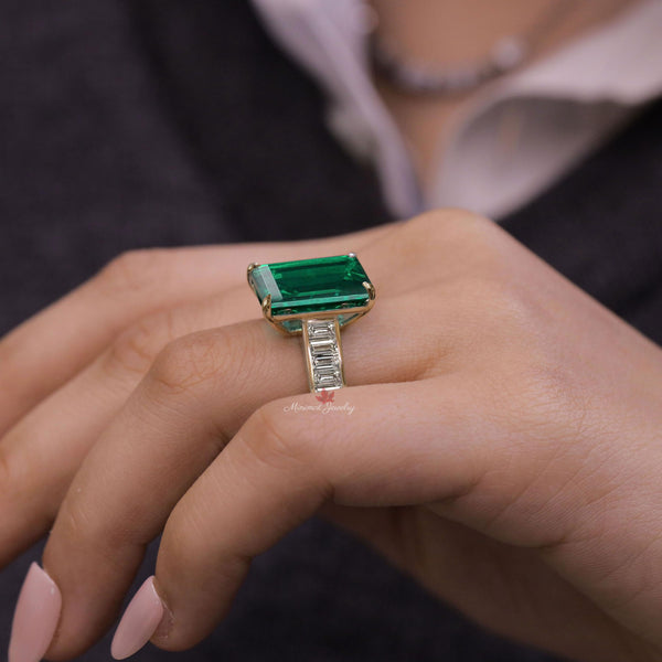 Emerald engagement ring 11CT green emerald gold ring large Cocktail Statement Ring with Moissanite May Birthstone Ring Large Gemstone Ring