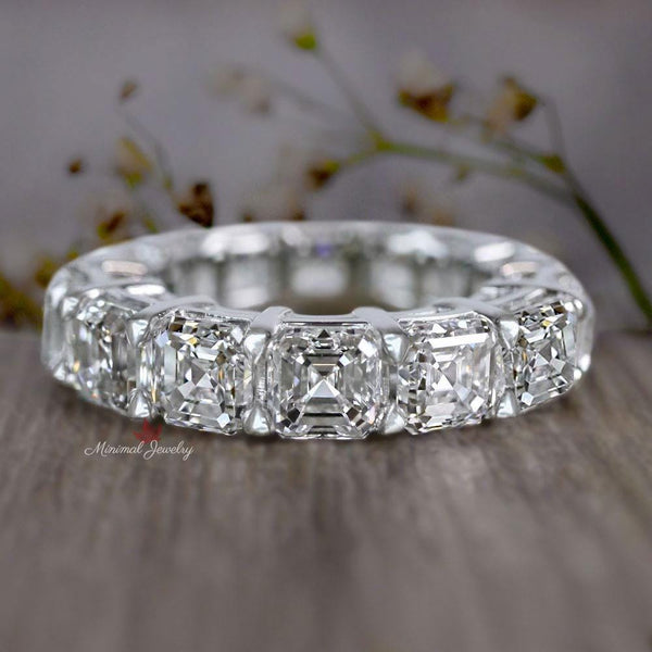Asscher cut full eternity band,Moissanite wedding band,eternity ring white gold,modern thick,unique 4mm wedding band,Matching Stacking ring