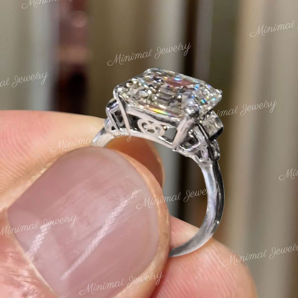 Asscher cut moissanite ring 5.5CT unique art deco asscher cut engagement ring 14k gold wedding ring women anniversary gift 5 stone ring