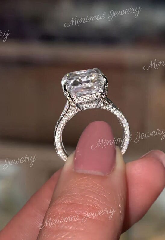 Emerald cut moissanite engagement ring 8CT solitaire hidden halo art deco wide band large diamond wedding ring anniversary gift for women