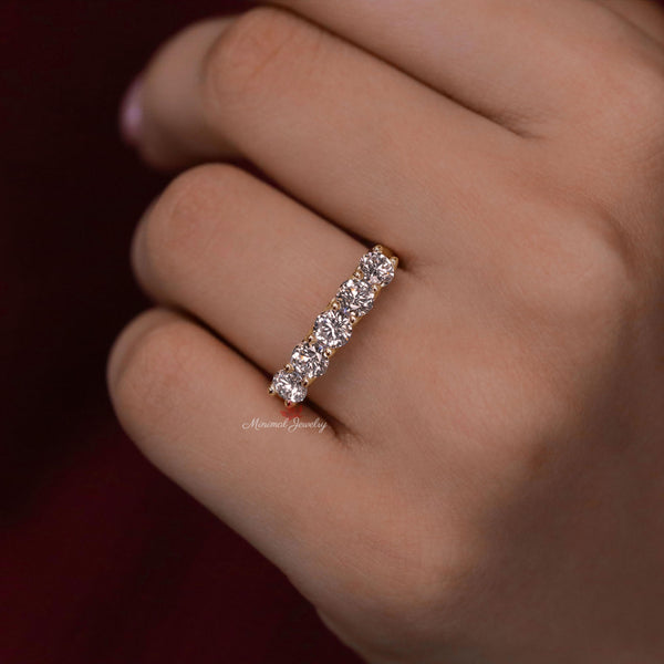 1.35 TCW Round Cut Moissanite Wedding Band,five stone ring,half eternity wedding band,comfort fit,rose Gold wedding band,anniversary gift