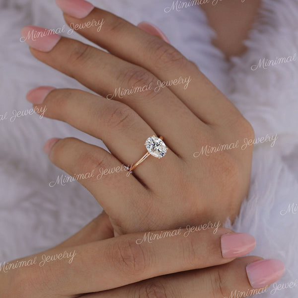 Oval Moissanite Engagement Ring 2.5CT in 14K Rose Gold | Classic Dainty Solitaire Wedding Ring for Women
