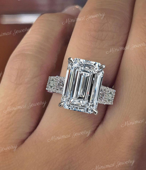 Emerald cut Moissanite engagement ring 8 CT large moissanite ring solitaire wide band Hidden halo iced out diamond cocktail wedding ring