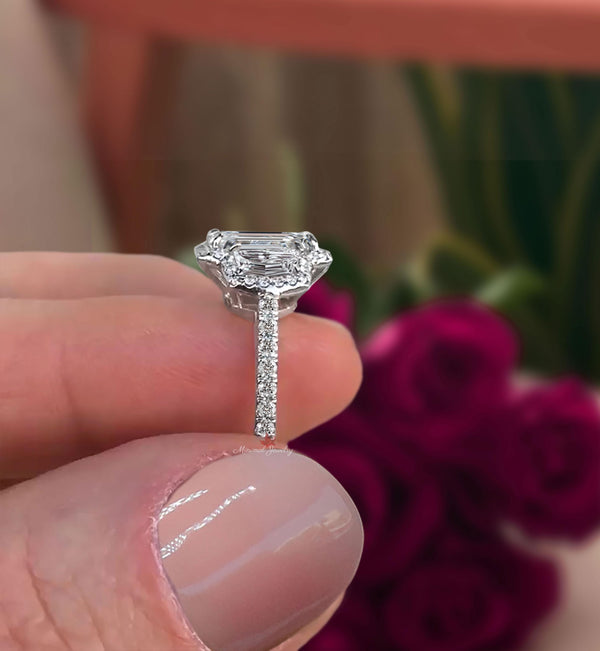 Three stone emerald cut engagement ring unique halo set shield&5CT emerald cut moissanite ring wedding ring women 3 stone anniversary ring