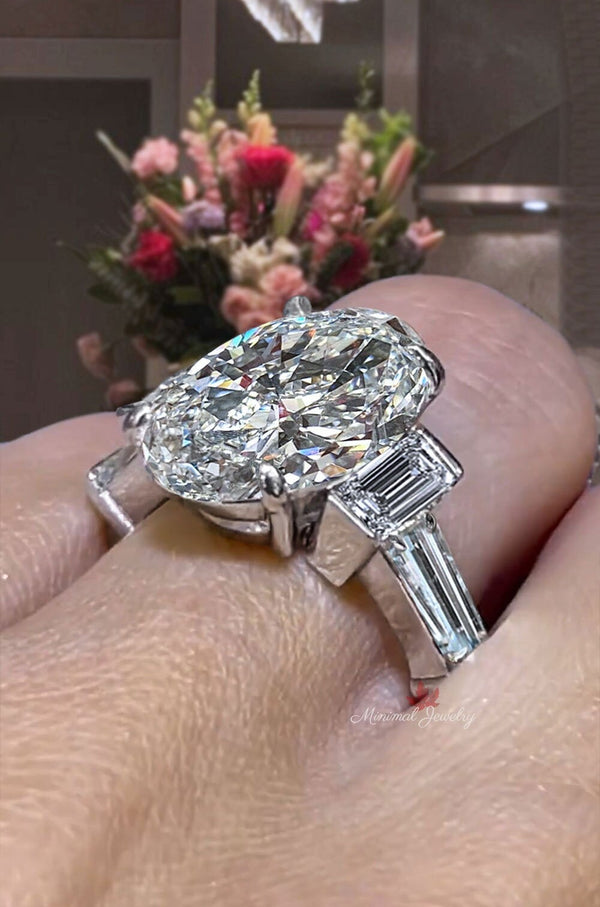 8CT Oval Moissanite engagement ring Platinum Five Stone Bezel Set Ring art deco oval engagement ring statement wedding anniversary ring