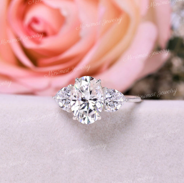 3.46TCW oval moissanite engagement ring,Three stone moissanite ring,white gold,trillion&oval cut moissanite cluster ring,unique wedding ring