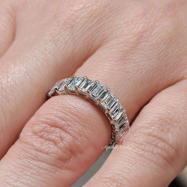 Emerald cut moissanite wedding band,full eternity band,eternity ring solid gold,modern thick,unique 5mm wedding band,Matching Stacking ring