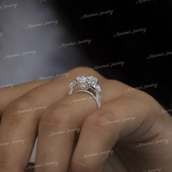 3.46TCW oval moissanite engagement ring,Three stone moissanite ring,white gold,trillion&oval cut moissanite cluster ring,unique wedding ring