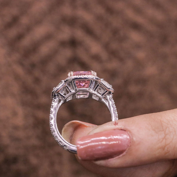 4.2CT Radiant morganite engagement ring Three stone halo rose gold Morganite ring,celebrity style moissanite&big pink morganite wedding ring