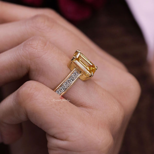 Emerald Cut Yellow Lab Grown Diamond Ring Bezel Set Engagement 5CT IGI Certified diamond Wedding Channel Set Wide Band Anniversary Ring