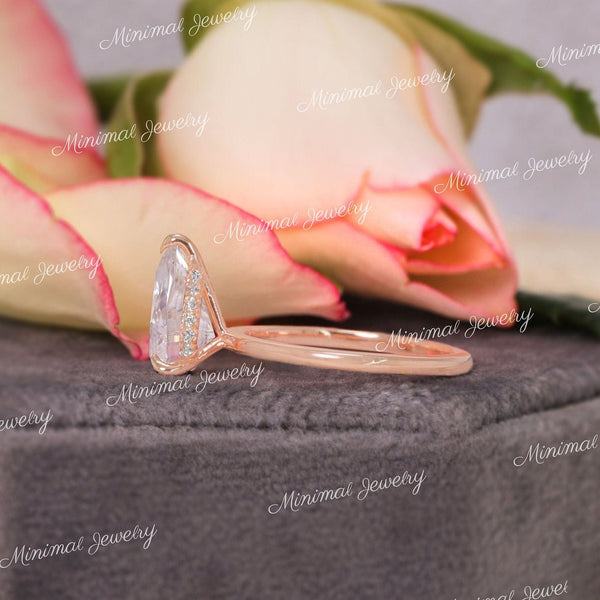 2 CT pear moissanite teardrop ring hidden halo unique pear shaped engagement ring 14k rose gold pear cut promise matching wedding ring set