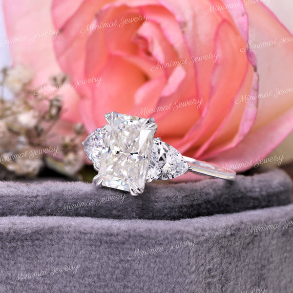 3 CT Radiant Cut Moissanite Ring,Three Stone Engagement Ring,Side trillion,Claw Prongs,unique trilogy ring,bridal Wedding Ring,white gold