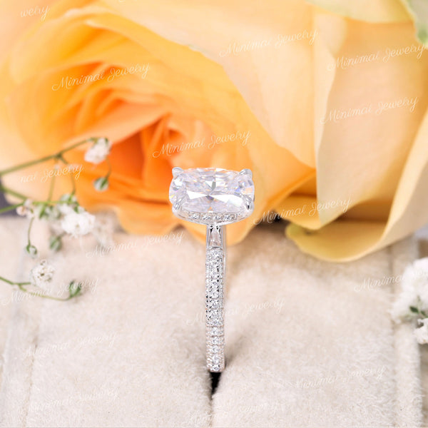 2.5 CT cushion cut engagement ring,Moissanite hidden halo ring,elongated cushion moissanite ring,three row pave,14k white gold,wedding ring