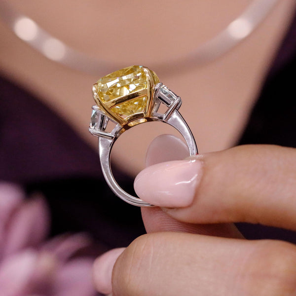 12.5CT Moissanite yellow sapphire ring large Three stone trapezoid&cushion cut engagement ring big canary diamond match sapphire bridal sets