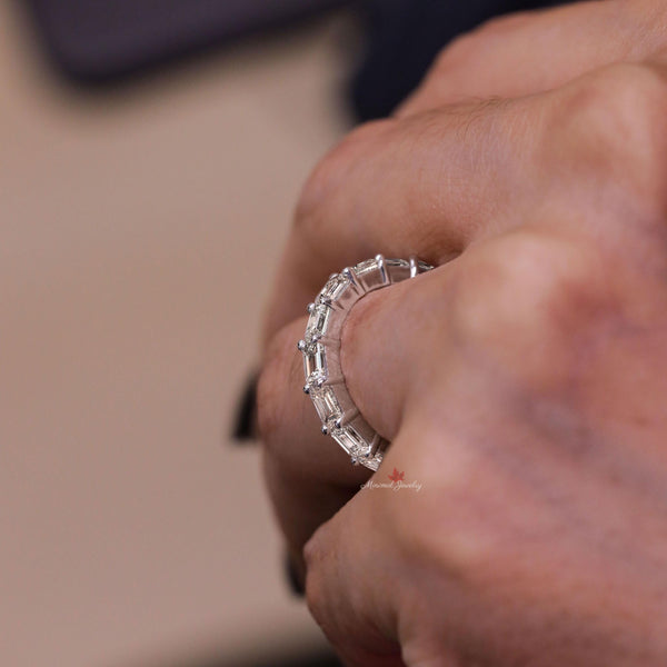 moissanite eternity band emerald cut wedding band east west bezel ring dainty wedding band gold emerald eternity ring women anniversary band