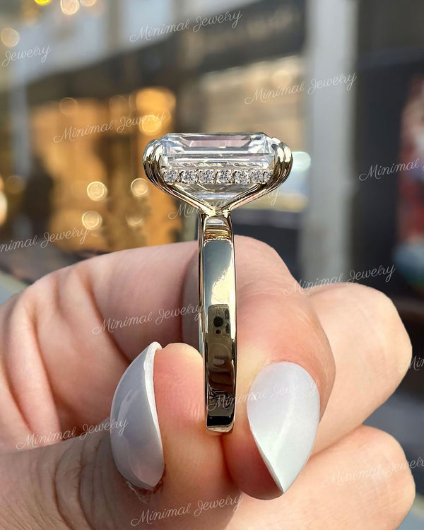 Emerald Cut Moissanite Engagement Ring 14K solid Gold wide Band 4.5CT Solitaire simple Wedding Ring Hidden Halo emerald cut engagement ring