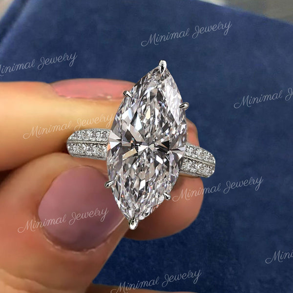 7.5CT Marquise Moissanite Engagement Ring: Art Deco Filigree, Hidden Halo wedding ring