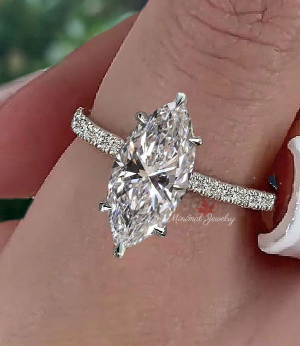 2 CT Marquise moissanite engagement ring,unique solitaire hidden halo ring,art deco,14k/18k white gold,wedding ring,anniversary•promise ring