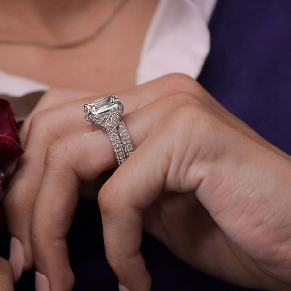 5 CT Emerald Cut Engagement Ring Set 14k Gold Three Stone Moissanite Ring Split Shank Wedding Ring Moissanite Bridal Set Anniversary gift