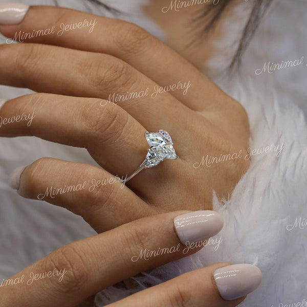 2 CT Marquise cut moissanite,three stone engagement ring,trillion cut&marquise,unique moissanite cluster ring,14k white gold wedding ring