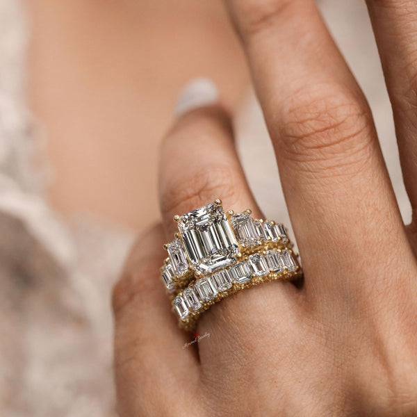Emerald Cut Moissanite Engagement Ring set 15.1TCW Three stone moissanite bridal set hidden halo wide eternity band wedding anniversary ring