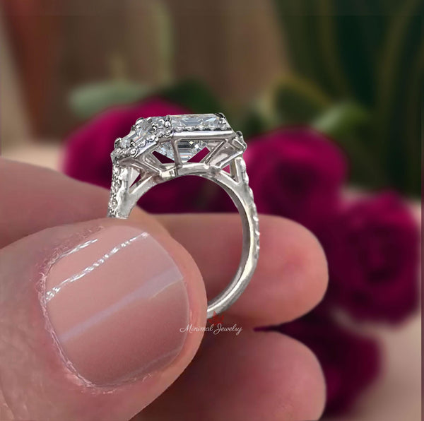 Three stone emerald cut engagement ring unique halo set shield&5CT emerald cut moissanite ring wedding ring women 3 stone anniversary ring
