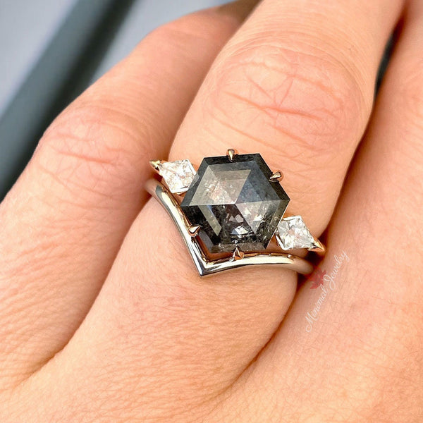 2.9 CT hexagon salt and pepper diamond ring,three stone engagement ring,14k rose gold,cluster,unique grey black diamond,wedding ring,women