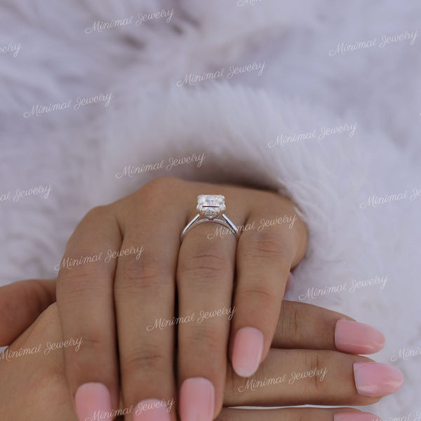 3CT Radiant moissanite engagement ring,14k white gold,hidden halo,solitaire radiant cut ring,claw prong,Cathedral ring,anniversary gift ring