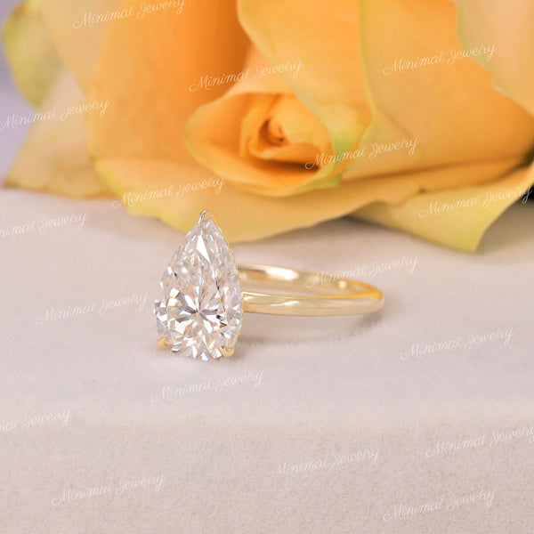 3 CT Pear moissanite engagement ring,hidden halo,14k yellow gold,pear shaped ring,solitaire moissanite ring,wedding ring for women