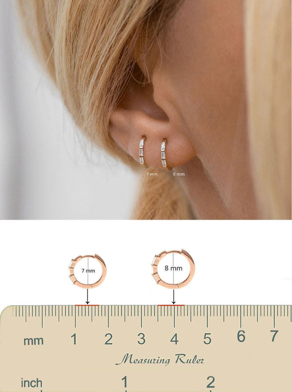 Baguette hoops,huggie hoop earrings,14k solid gold hoop earrings,small gold hoops,mini,tiny hoop earrings•diamond huggies•diamond hoops•8mm