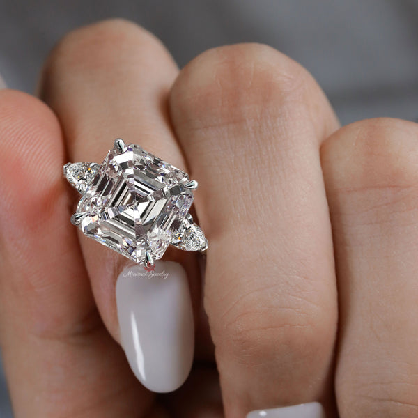 9CT Asscher Cut Moissanite Engagement Ring: Three Stone Wedding Ring