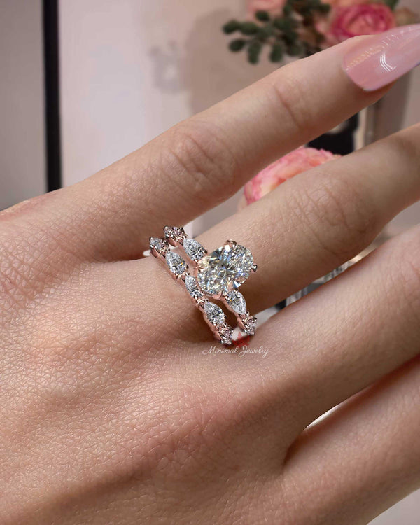 oval lab grown diamond engagement ring set 1.8 CT igi certified oval cut lab diamond bridal wedding ring set solitaire ring with hidden halo