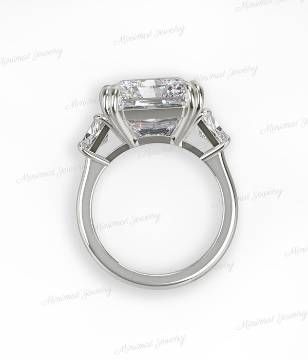 15ct Radiant Cut Moissanite Engagement Ring 14K Gold Three Stone Ring with Side Trapezoids Large Wedding Anniversary Statement Ring