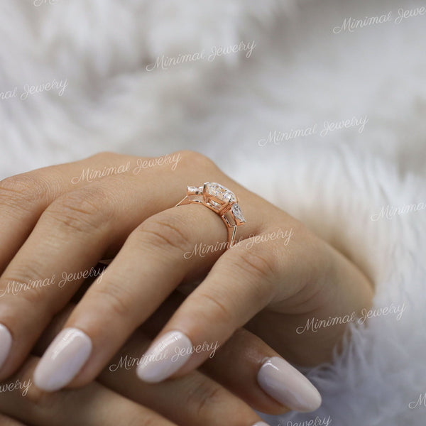 Three stone moissanite ring,2.5 CT Round brilliant engagement ring,14k rose gold,side stone pear&round triple stone ring,wedding ring,women