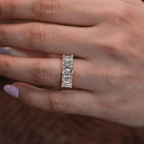 Emerald cut wedding band 5 stone moissanite wedding band women stackable half eternity band 5th anniversary gift for her dainty emerald ring