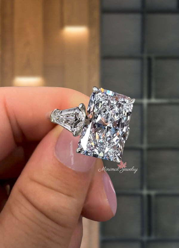 11.5 CT crushed ice moissanite radiant cut engagement ring,kite&large radiant moissanite three stone ring,big diamond cocktail wedding ring