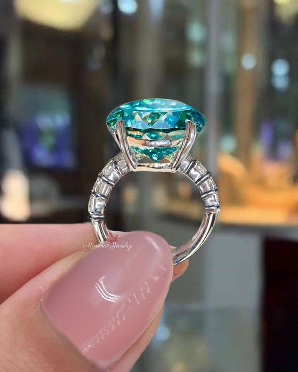 11CT Green Moissanite Ring White Gold Statement Cocktail Ring Large Blue Moissanite Wedding Anniversary ring newly engaged Gift for Her