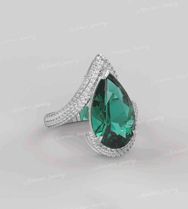 7.5CT green moissanite Unique pear shaped engagement ring large solitaire blue moissanite ring diamond cocktail ring bridal anniversary gift