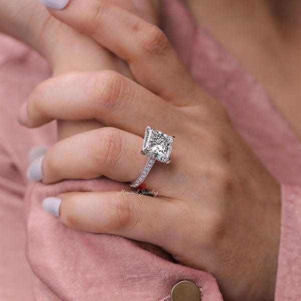 6CT Princess moissanite Engagement Ring Hidden Halo channel set Solitaire Wedding Ring for women anniversary ring 14k white gold