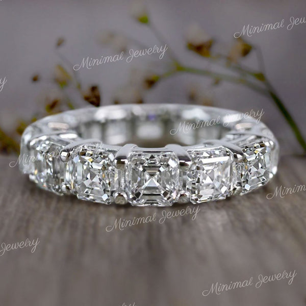 Asscher cut full eternity band,Moissanite wedding band,eternity ring white gold,modern thick,unique 4mm wedding band,Matching Stacking ring