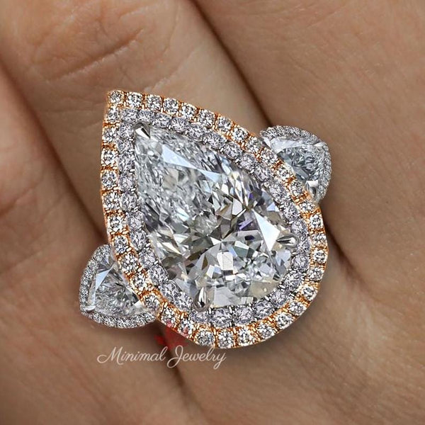 6 CT pear shaped engagement ring large Three stone pear moissanite engagement ring double halo two tone ring diamond cocktail wedding ring