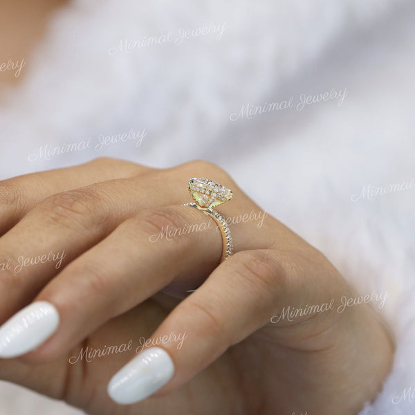 2.5 CT cushion cut engagement ring hidden halo 14k white gold unique solitaire pave prong elongated cushion moissanite ring anniversary ring