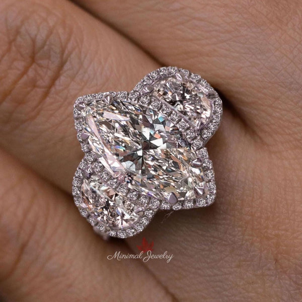 4 CT Three stone moissanite marquise halo engagement ring,half moon&large marquise cut wedding ring,celebrity style Three stone halo ring