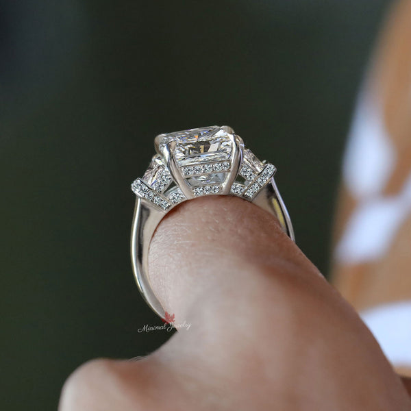 10 Carat Radiant moissanite engagement ring big Three stone ring hidden halo Radiant cut ring large moissanite diamond cocktail wedding ring