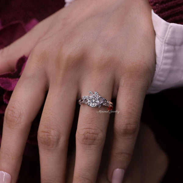 Nature inspired engagement ring set platinum 1 carat moissanite flower leaf engagement ring bridal wedding ring set women promise ring her